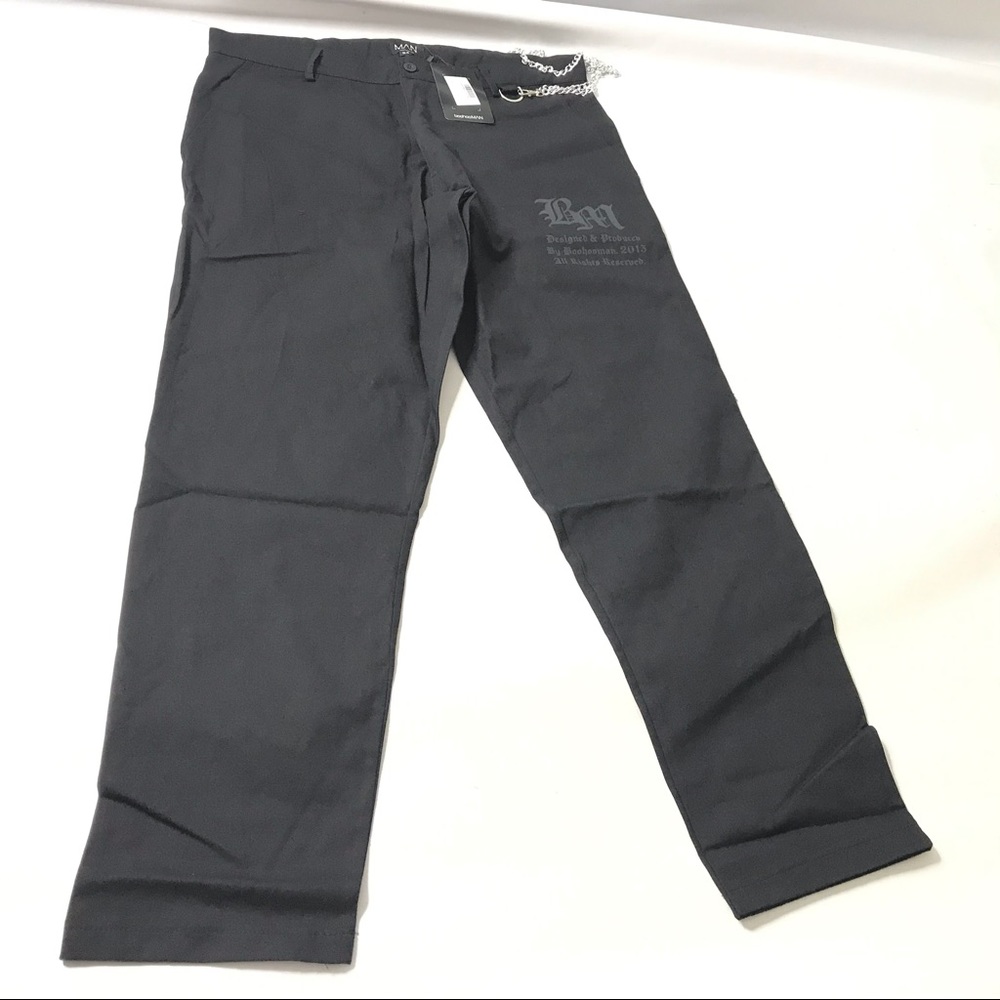 Boohoo Man Mens Size 34 Trouser Stretch Straight Leg Chino Pants With Chain